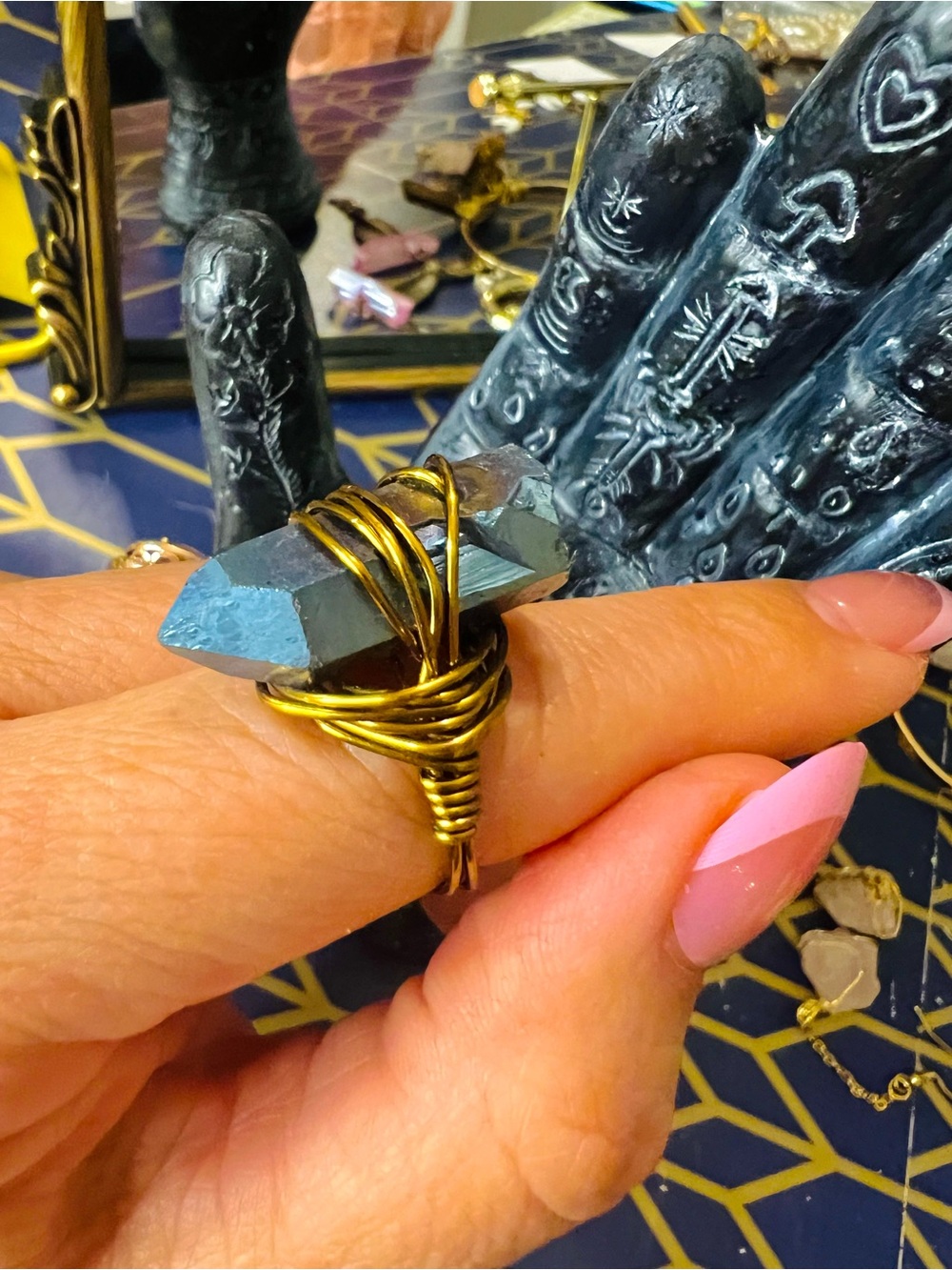 Electric Blue Electroplated Wire-Wrapped  Crystal Statement Ring SZ 8